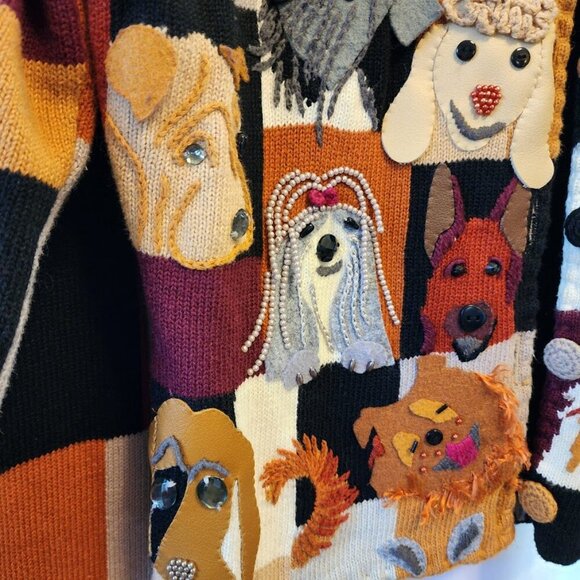 VINTAGE MICHAEL SIMON DOG EMBELLISHED CARDIGAN SWEATER, MULTI-COLOR, SIZE SMALL - Picture 7 of 15